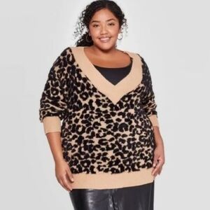 Ava & Viv Leopard Print Plus Fuzzy V-neck  Sweater
